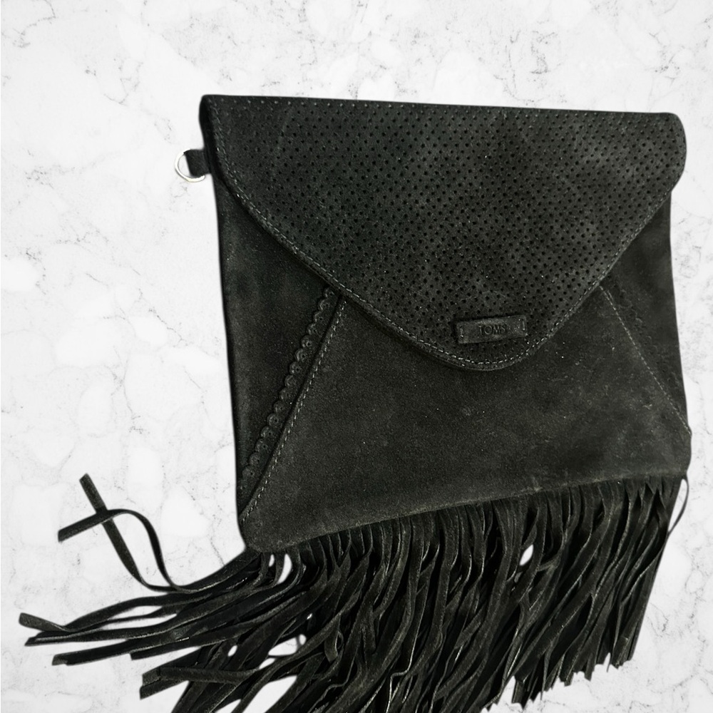 TOMS Black Suede Fringe Clutch Boho Western Festival Purse - Picture 2 of 6